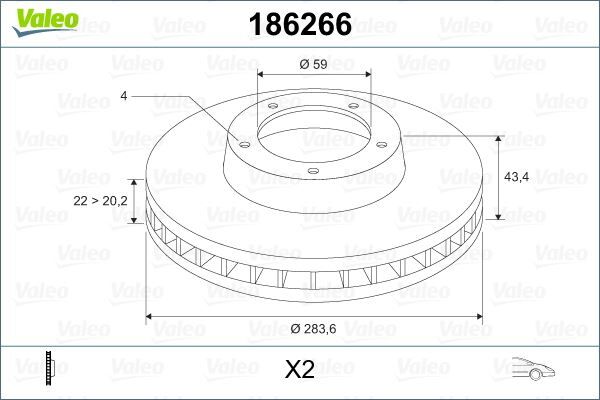 VALEO 186266 ÖN FREN AYNASI FIAT DOBLO 05>IDEA 04>LINEA 09> FIORINO 09> BRAVO 01>STILO 01> 284x22x 4 DELİK HAV ALI