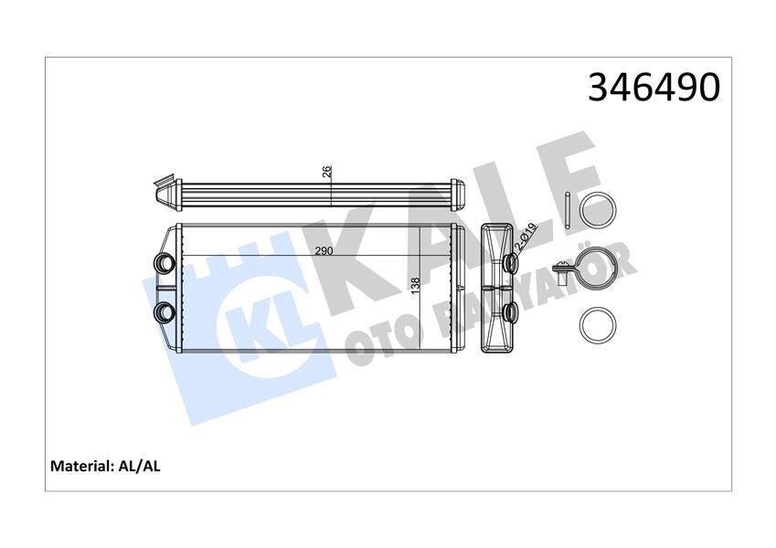 KALE 346490 KALORİFER RADYATÖRÜ PARTNER 08> BERLINGO 08> 1.6 HDI-VTI P407 04> C4 06> C5 08> 1.6 HDI-THP 290X138 X26 AL
