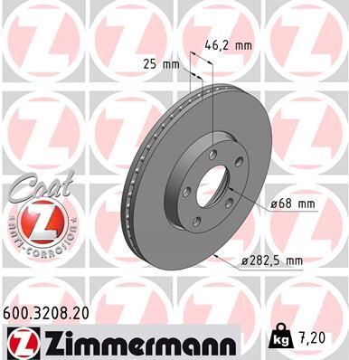 ZIMMERMANN 600.3208.20 ÖN FREN AYNASI PASSAT-VARİANT1.8 T 1.9TDİ 2.3 VR5 2.8 10.96/11.00 282x25x5DLxHAVALI 986478872-DF4045
