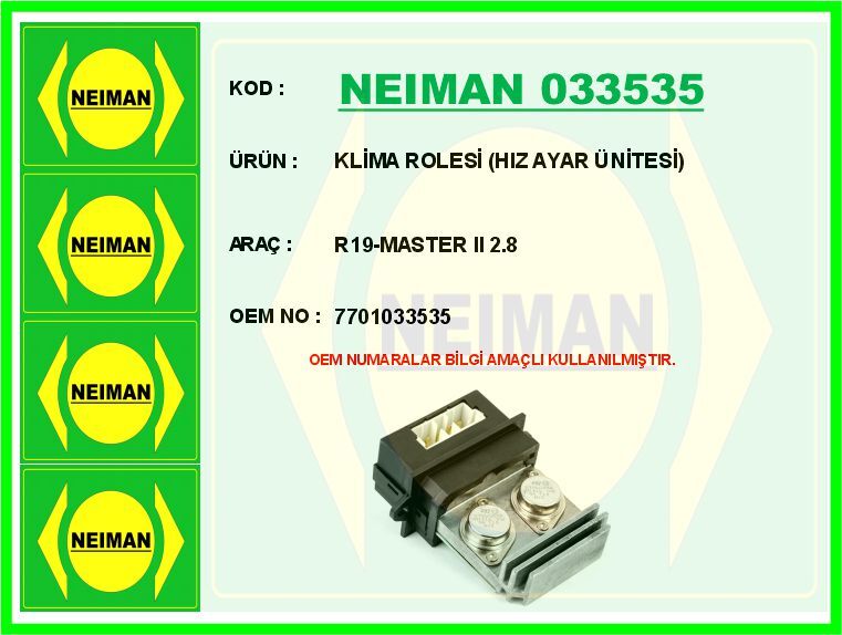 NEIMAN 033535 KLİMA ROLESİ HIZ AYAR ÜNİTESİ R19-MASTER II 2.8
