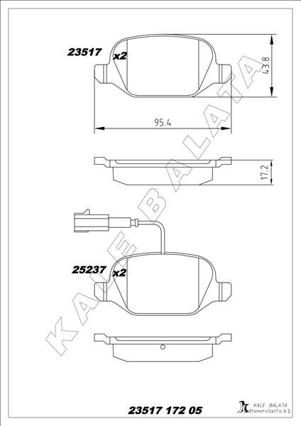 KALE 23517 172 05 ANS KD13 ARKA FREN BALATASI ALFA ROMEO MITO 09> FIAT LINEA 09> 1.3JTD 1.4TJET 1.6JTD