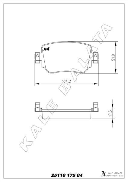 KALE 25110 175 04 ANS KD13 ARKA BALATA VW CADDY IV 2.0TDI 15 > CUUF-DFSF 104.1x17.2x51.6