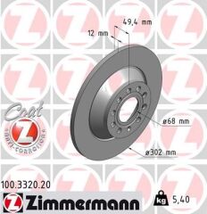 ZIMMERMANN 100.3320.20 ARKA FREN AYNASI AUDI A6 4B.C5 3.0 QUATTRO 07/04 > A6 4F2 2.0 TDI 07/04 > 302x11.7x9DL 986479257-DF4434