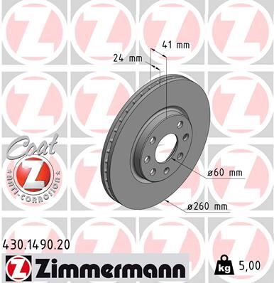 ZIMMERMANN 430.1490.20 ÖN FREN AYNASI CORSA C - COMBO C 01>11 MERIVA A 03>10 TIGRA 04>09 260x24x4DL HAVALI