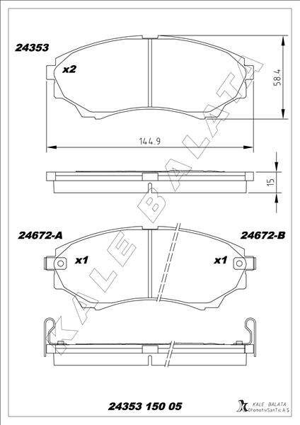 KALE 24353 150 05 ANS KD11 ON FREN BALATASI MAZDA 4 4 B 2500 RANGER 02>06 2.5TD / 3.0TD 06>12