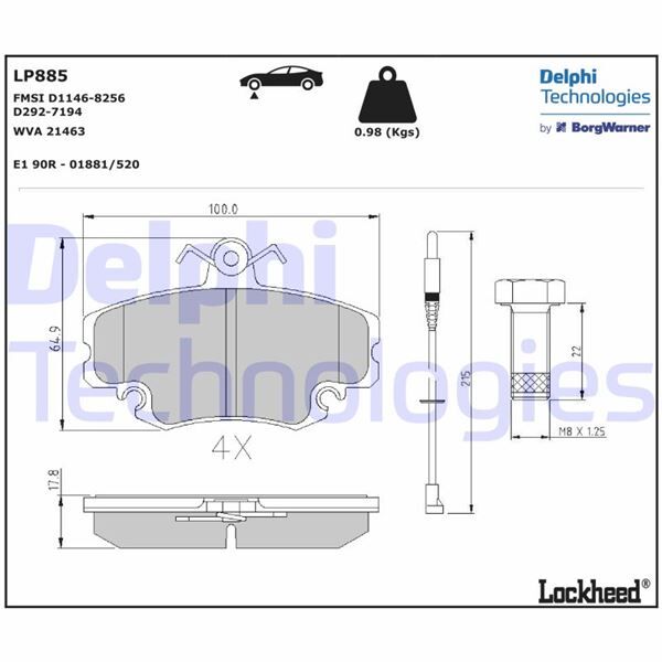 DELPHI LP885 ÖN BALATA FİŞLİ RENAULT R9-R19-R21-CLIO I-II-MEGANE I-TWINGO-LOGAN-SANDERO-SOLENZA