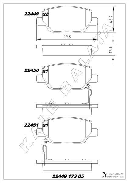 KALE 22449 173 05 ANS KD13 ARKA BALATA FIAT EGEA 16> 1.3D MTJ 1.4 1.6E-TORQ 1.6D MTJ