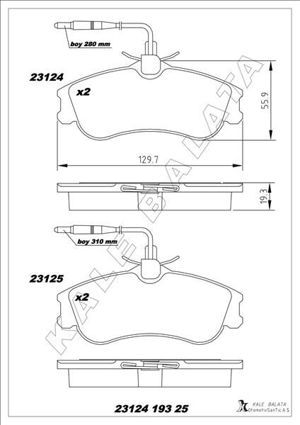 KALE 23124 193 25 ANS KD13 ÖN BALATA PARTNER-BERLINGO 07/96 > XSARA 04/97 > P306 05/93-05/01 FİŞLİ
