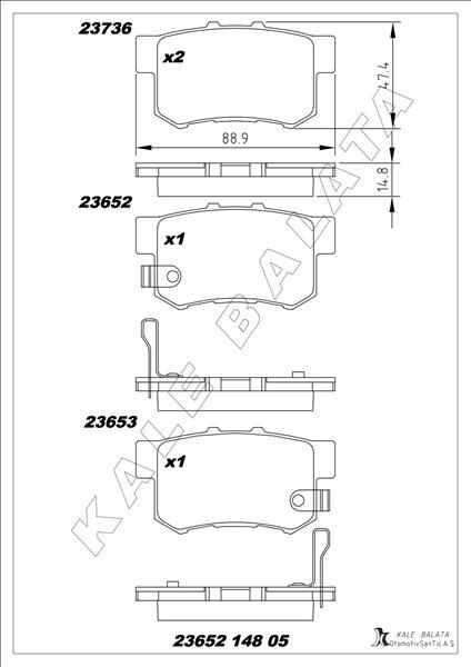 KALE 23652 148 05 ANS KD13 ARKA FREN BALATA HONDA CIVIC 1.4L 1.6L VTEC EP ES EU FD6 FK2 01-13 / ACCORD 2.0L F20 94-98 / CR-V 2.0L K20 RD8 02-06 / LEGEND 3.2L KA7 KA8 24v 91-96 / SUZUKI SX4 1.6L M16A RW415 05->