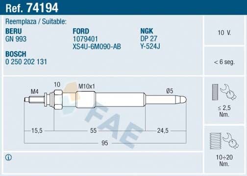 FAE 74194 KIZDIRMA BUJİSİ FIESTA IV-FOCUS-FOCUS II-CONNECT-CMAX-SMAX-GALAXY-MONDEO 1.8 TDCİ/1.8 D