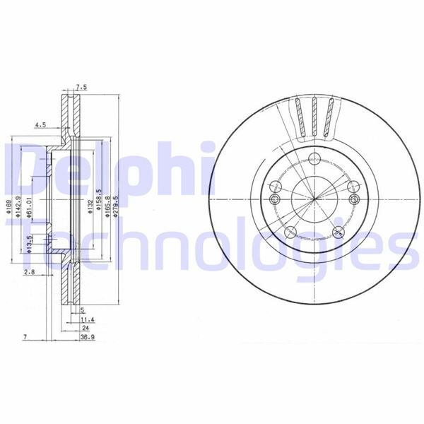 DELPHI BG2697 ÖN FREN AYNASI RENAULT LAGUNA I 96>01 SAFRANE 96> SCENIC I 96> ESPACE III 99>02 1.8 16V-2.0-2.2-2.5 20V-2.5-3.0 280x24x5DELİK HAVALI