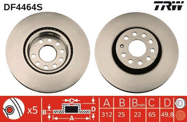 TRW DF4464S FREN DİSKİ ÖN VW PASSAT-GOLF5-GOLF6-GOLF7-CADDY-A3-LEON-FORD CONNECT 23> ÇAP: 312mm. KALINLIK: 25mm Delik: 5