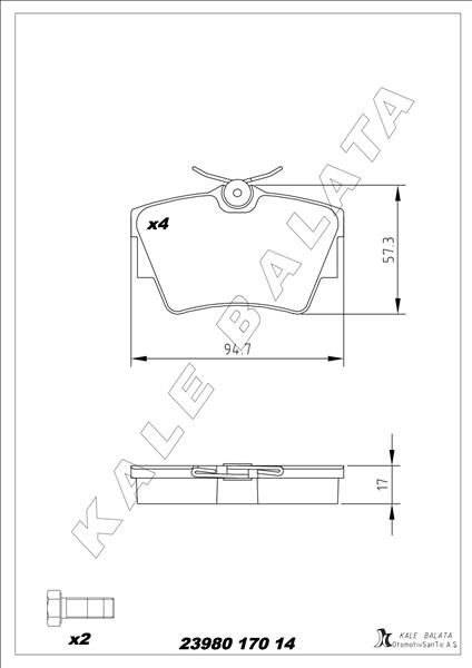 KALE 23980 170 14 ANS KD20 ARKA FREN BALATASI RENAULT TRAFIC II 06> TRAFIC III 15> OPEL VIVARO A 06> VIVARO B 15>