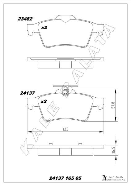 KALE 24137 165 05 ANS KD13 ARKA BALATA FOCUS II CMAX 03> CONNECT 02> LAGUNA III 07> OPEL VECTRA C 02> SIGNUM 03> CITROEN C5 08> PEUGEOT P508 10>18
