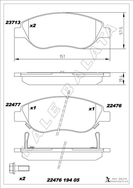 KALE 22476 194 05 ANS KD13 ON BALATA FIAT EGEA 15> 1.4 1.5 T4 HIBRIT 1.6 D K:19 MM G:151.1 MM BÜYÜK TİP