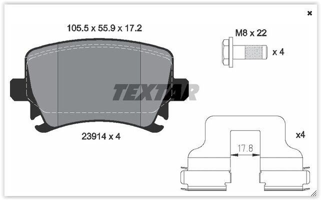 TEXTAR 2391401 ARKA BALATA PASSAT-CC-CADDY-GOLF5-GOLF6-JETTA-A3-A6-LEON-OCTAVIA-SUPERB 04 >