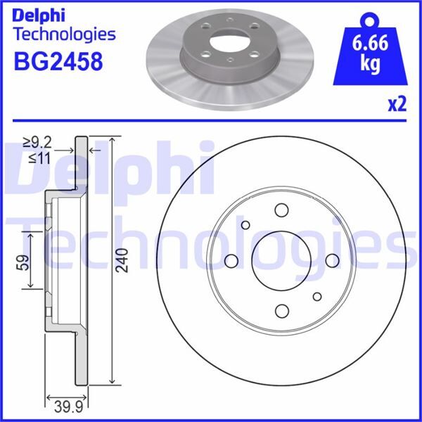 DELPHI BG2458 ON FREN DISKI FIAT 500 500C 07> TİPO-PUNTO-TEMPRA-PANDA-MAREA-BRAVO 96> ALFA ROMEO 145-146-155 92> FORD KA 08>12 240.5x11 4DELİK