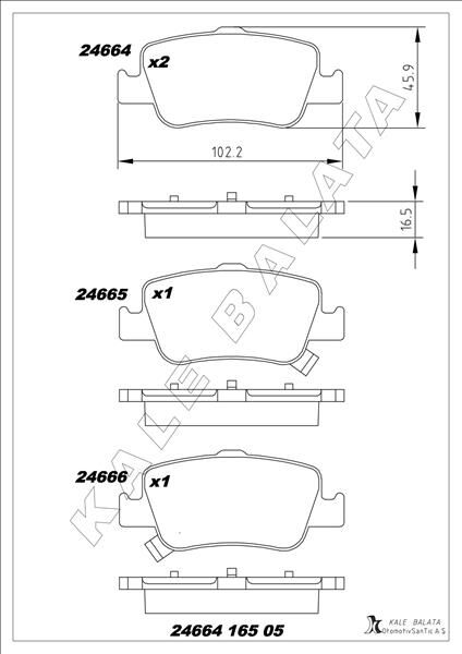 KALE 24664 165 05 ANS KD13 ARKA FREN BALATA TOYOTA AURIS. COROLLA 1.33L 1.6L 1NR-FE 1ZR-FAE NRE180 ZRE181 ZRE185 12-> 1.4L 1ND-FTV D-4D NDE150 NDE180 07->
