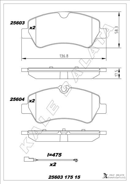 KALE 25603 175 15 ANS KD20 ARKA BALATA FORD TOURNEO CUSTOM-TRANSIT CUSTOM 2.2 TDCI 12 > KABLOLU