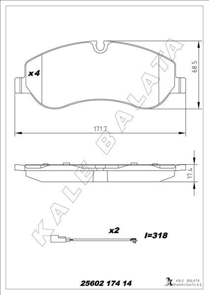 KALE 25602 174 14 ANS KD20 ÖN BALATA FORD TRANSIT V363 14> -TRANSIT CUSTOM 2.2 TDCI 12> KABLOLU
