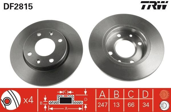 TRW DF2815 ÖN FREN AYNASI PEUGEOT P206 98>12 P306 93>01 CITROEN XSARA 97>05 ABS SİZ 247x13x4DL DOLU SOĞUTMASIZ