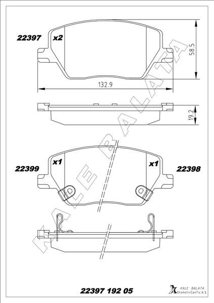 KALE 22397 192 05 ANS KD13 ON BALATA FIAT EGEA 16> 1.0 1.3 MTJ 1.4 1.6 1.6D K:19 mm G:133 mm Y:58.5 mm KÜÇÜK TİP
