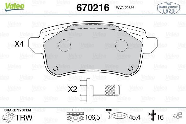 VALEO 670216 ARKA BALATA RENAULT MEGANE IV 15> ESPACE V 15> MEGANE IV GRANDTOUR 16> TALISMAN 15> NISSAN JUKE 19>