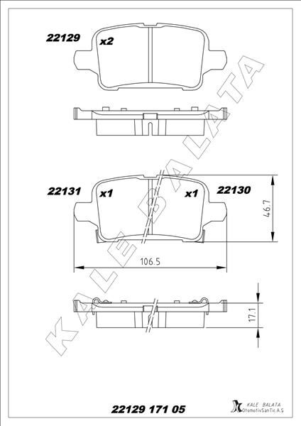 KALE 22129 171 05 MSH KD13 ARKA FREN BALATASI OPEL ASTRA K 1.0-1.4-1.4T-1.6T-1.6 CDTI 16>22 106.5x46.3x16.6