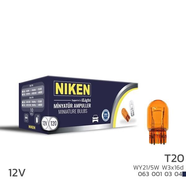NIKEN 0630010304 NIKEN T20 DİPSIZ AMPUL 1016 WY21/5W AMB W3x16d 10LU