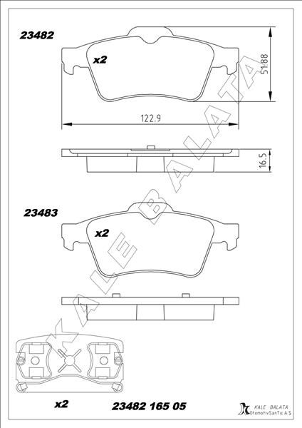KALE 23482 165 05 ANS KD13 ARKA BALATA RENAULT LAGUNA II 01>07 MEGANE II 02>08 LATITUDE 11> VECTRA C 03>FOCUS II 05>CONNECT 06> CMAX 06> PRIMERA 02>