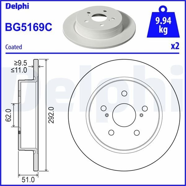 DELPHI BG5169C ARKA FREN DİSKİ DOLU TİP TOYOTA CH-R 1.8L 2ZR-FXE HYBRID ZYX11 20-> - 292 çap X 5 bijon Takım di sk fiyatıdır
