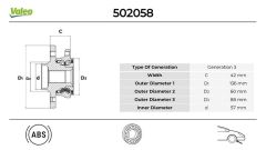 VALEO 502058 ÖN TEKER PORYASI ASTRA K 15>22