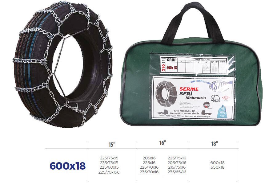 KNK3 600X18 PATİNAJ ZİNCİRİ MİNİBÜS VE KAMYONET SERME 205X75X16 TIRNAKLI ZİNCİR EBATLARI İÇİN RESİME BAKINIZ