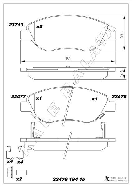 KALE 22476 194 15 ANS KD13 ON BALATA FIAT EGEA 15> 1.4 1.5 T4 HIBRIT 1.6 D K:19 MM G:151.1 MM BÜYÜK TİP 8 ADET KLİPS