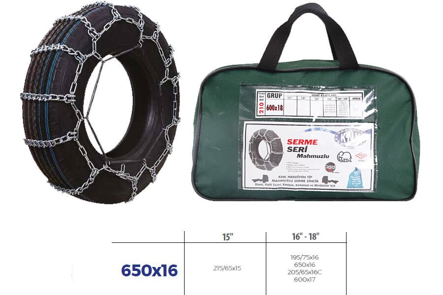 PATİNAJ ZİNCİRİ MİNİBÜS VE KAMYONET SERME 650x16 ZİNCİR EBATLARI İÇİN RESİME BAKINIZ