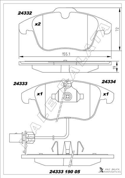 KALE 24333 190 05 MSH KD11 ÖN FREN BALATASI TIGUAN-Q3 2007 >