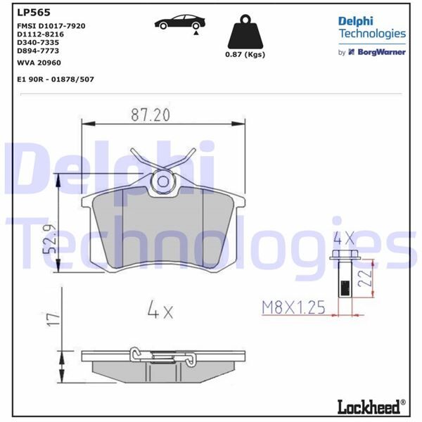 DELPHI LP565 ARKA BALATA FLUENCE-MEGANE II-III-P207-P308-P307-PARTNER-BERLINGO-C2-C3-C4-CROSSLAND- BORA-PASSAT 97 >GOLF IV-V-POLO 87x52.9x17