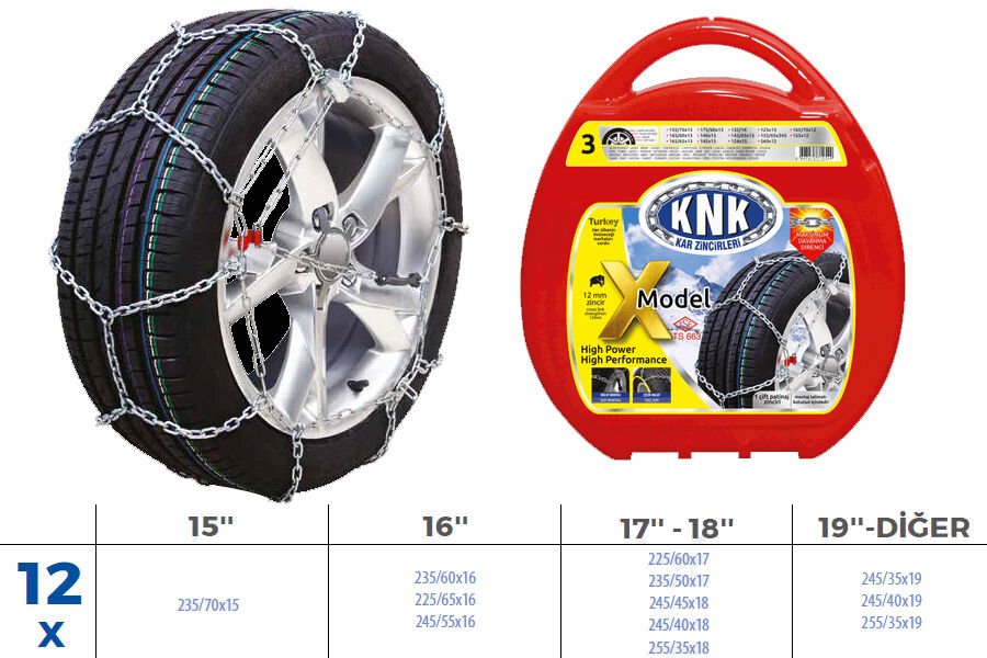 KNK1 X12 PATİNAJ ZİNCİRİ TAKMATİK ÇAPRAZ 15-16-17-18-19 JANT ZİNCİR EBATLARI İÇİN RESİME BAKINIZ