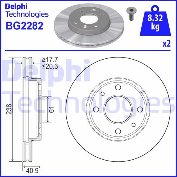 DELPHI BG2282 ÖN FREN AYNASI KÜÇÜK RENAULT R9-R11-R19-R21 CLIO I 91>96 CLIO II 98> CLIO SYMBOL 00>09 KANGOO 97> MEGANE I 96> SYMBOL II 08> 238x20.1 HAVALI 4 DELİK
