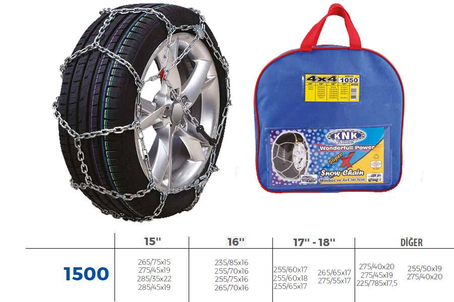 KNK4 1500 PATİNAJ ZİNCİRİ 4x4 JEEP - MİNİBÜS VE HAFİF TİC.ARAÇ ZİNCİR EBATLARI İÇİN RESİME BAKINIZ