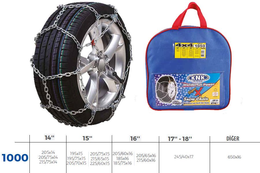 KNK4 1000 PATİNAJ ZİNCİRİ 4x4 JEEP - MİNİBÜS VE HAFİF TİC.ARAÇ ZİNCİR EBATLARI İÇİN RESİME BAKINIZ