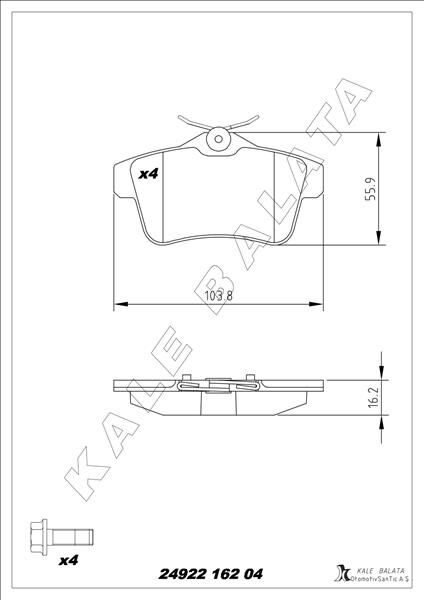 KALE 24922 162 04 ANS KD13 ARKA FREN BALATASI PEUGEOT P3008 09>16 P5008 09>17 P508 10>18 P308 GTI-RZC 10>14 CITROEN C4 09>16 DS4-DS5 11>15