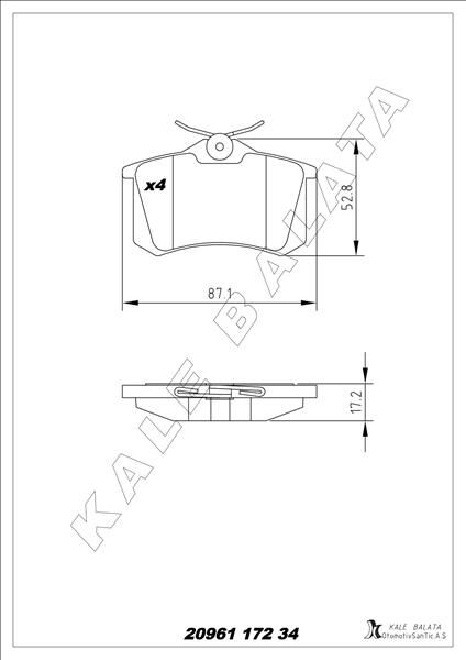 KALE 20961 172 34 ANS KD13 ARKA BALATA FLUENCE-MEGANE II-III-P207-P308-P307-PARTNER-BERLINGO-C2-C3-C4-CROSSLAND- BORA-PASSAT 97 >GOLF IV-V-POLO 87x52.9x17