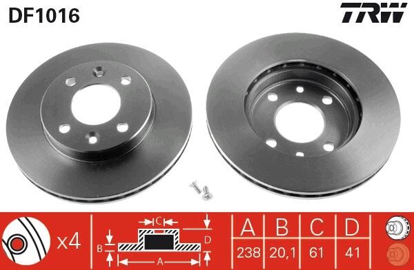 TRW DF1016 ÖN FREN AYNASI KÜÇÜK RENAULT R9-R11-R19-R21 CLIO I 91>96 CLIO II 98> CLIO SYMBOL 00>09 KANGOO 97> MEGANE I 96> SYMBOL II 08> 238x20.1 HAVALI 4 DELİK