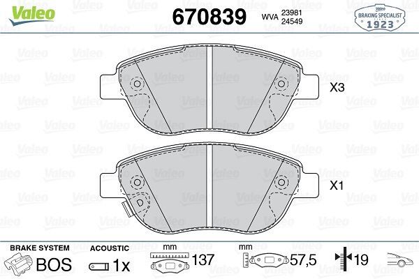 VALEO 670839 ÖN BALATA CORSA D BÜYÜK TİP 1.3 CDTI 07/06 > FIAT 500L 12> 0.9T 1.4 1.3D MTJ 1.6D MTJ