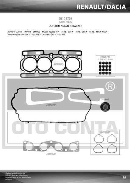 OTOCONTA 40108703 MOTOR TAKIM CONTA CLIO II 01>06 CLIO III 05>14 CLIO IV 12>SYMBOL II 08>14 LOGAN 04> SANDERO 08> 1.2 16V D4F