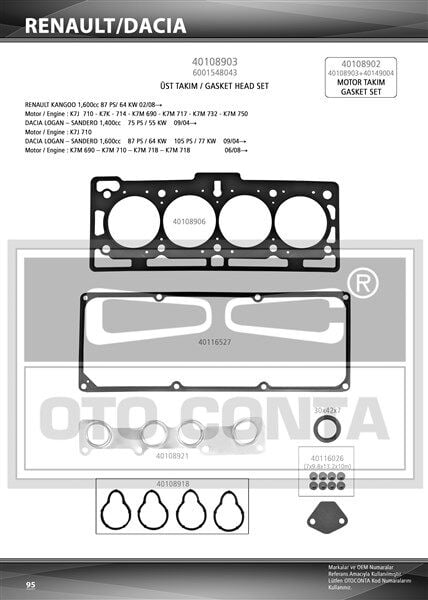 ÜST TAKIM CONTA DACIA LOGAN 04> SANDERO 08> KANGOO II 08> DOKKER 12> 1.4 K7J 1.6 K7M KEÇELİ SUBAP LASTİKLİ