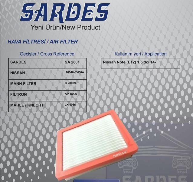 SARDES SA2801 HAVA FİLTRESİ NISSAN NOTE E12 1.5 DCİ 14 >