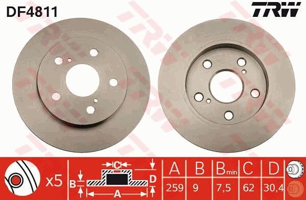 TRW DF4811 ARKA FREN DİSKİ DOLU TİP TOYOTA AURIS COROLLA 1.6L 1ZR-FE ZRE151 07-> / 1.33L 1NR-FE NRE150 6 vite s 10-> 259 çap x 5 bijon - Takım disk fiyatıdır