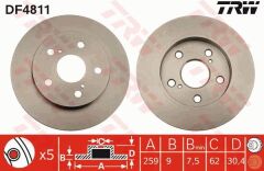 TRW DF4811 ARKA FREN DİSKİ DOLU TİP TOYOTA AURIS COROLLA 1.6L 1ZR-FE ZRE151 07-> / 1.33L 1NR-FE NRE150 6 vite s 10-> 259 çap x 5 bijon - Takım disk fiyatıdır
